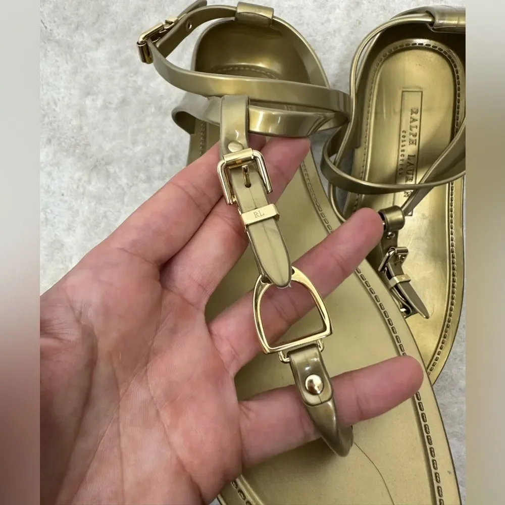 ⛔️SOLD⛔️NEW Ralph Lauren Collection Gold Jelly Strappy Horse bit Thong Buckl - Picture 5 of 9
